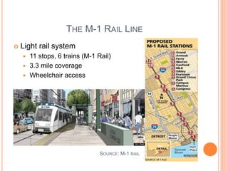 THE M-1 RAIL LINE
 Light rail system
 11 stops, 6 trains (M-1 Rail)
 3.3 mile coverage
 Wheelchair access
SOURCE: M-1 RAIL
 