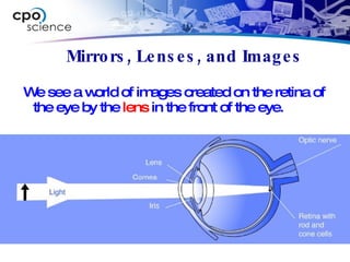 Mirrors, Lenses, and Images We see a world of images created on the retina of the eye by the  lens  in the front of the eye. 