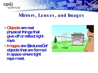 Mirrors, Lenses, and Images Objects  are real physical things that give off or reflect light rays.  Images  are “pictures” of objects that are formed in space where light rays meet. 