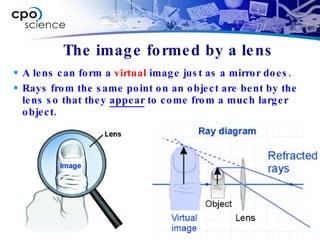 The image formed by a lens A lens can form a  virtual  image just as a mirror does. Rays from the same point on an object are bent by the lens so that they  appear  to come from a much larger object. 