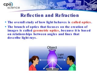 Reflection and Refraction The overall study of how light behaves is  called optics .  The branch of optics that focuses on the creation of images is called  geometric optics , because it is based on relationships between angles and lines that describe light rays. 