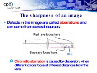 The sharpness of an image Defects in the image are called  aberrations  and can come from several sources. Chromatic aberration  is caused by dispersion, when different colors focus at different distances from the lens. 