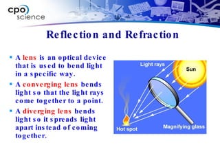 Reflection and Refraction A  lens  is an optical device that is used to bend light in a specific way.  A  converging lens  bends light so that the light rays come together to a point. A  diverging lens  bends light so it spreads light apart instead of coming together. 