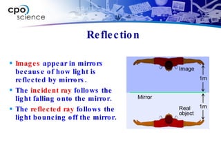 Reflection Images  appear in mirrors because of how light is reflected by mirrors. The  incident ray  follows the light falling onto the mirror.  The  reflected ray  follows the light bouncing off the mirror. 