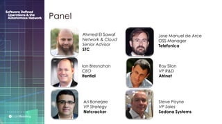 P R E S E N T E D B Y :
@LIGHT_READING #CNGEUROPE
Panel
Ari Banerjee
VP Strategy
Netcracker
Steve Payne
VP Sales
Sedona Systems
Ian Bresnahan
CEO
Itential
Jose Manuel de Arce
OSS Manager
Telefonica
Ahmed El Sawaf
Network & Cloud
Senior Advisor
STC
Roy Silon
VP R&D
Atrinet
 