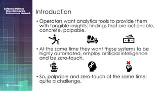 P R E S E N T E D B Y :
@LIGHT_READING #CNGEUROPE
• Operators want analytics tools to provide them
with tangible insights: findings that are actionable,
concrete, palpable.
• At the same time they want these systems to be
highly automated, employ artificial intelligence
and be zero-touch.
• So, palpable and zero-touch at the same time;
quite a challenge.
Introduction
 
