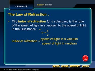 © Houghton Mifflin Harcourt Publishing Company
Section 1 Refraction
Chapter 14
The Law of Refraction
• The index of refraction for a substance is the ratio
of the speed of light in a vacuum to the speed of light
in that substance.


speed of light in a vacuum
index of refraction
speed of light in medium
c
n
v
 