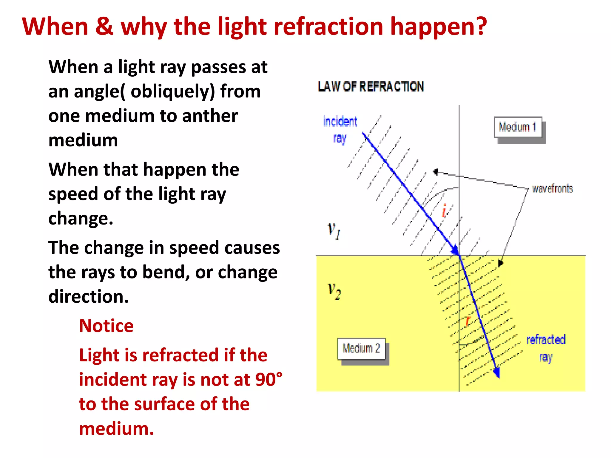 When & why the light refraction happen?
When a light ray passes at
an angle( obliquely) from
one medium to anther
medium
When that happen the
speed of the light ray
change.
The change in speed causes
the rays to bend, or change
direction.
Notice
Light is refracted if the
incident ray is not at 90°
to the surface of the
medium.
 