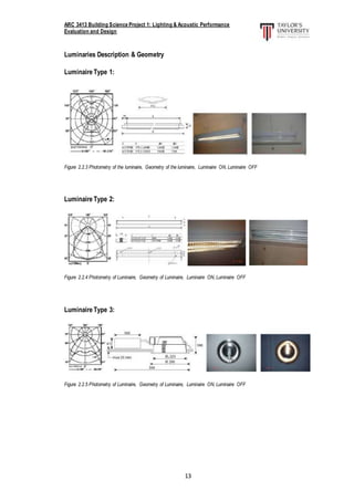ARC 3413 Building Science Project 1: Lighting & Acoustic Performance
Evaluation and Design
13
Luminaries Description & Geometry
Luminaire Type 1:
Figure 2.2.3 Photometry of the luminaire, Geometry of the luminaire, Luminaire ON, Luminaire OFF
Luminaire Type 2:
Figure 2.2.4 Photometry of Luminaire, Geometry of Luminaire, Luminaire ON, Luminaire OFF
Luminaire Type 3:
Figure 2.2.5 Photometry of Luminaire, Geometry of Luminaire, Luminaire ON, Luminaire OFF
 