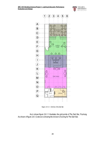 ARC 3413 Building Science Project 1: Lighting & Acoustic Performance
Evaluation and Design
28
Figure 2.6.1.2 – Grid line of the Dart Bar
As in shown figure 2.6.1.1 illustrates the grid points of The Dart Bar, Puchong.
As shown offigure 2.6.1.2 above is showing the division ofzoning for The Dart Bar.
 