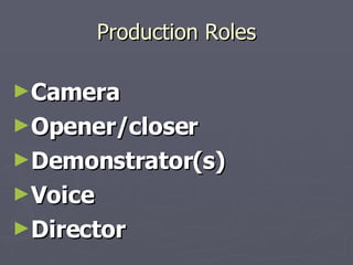 Production Roles Camera Opener/closer Demonstrator(s) Voice Director 