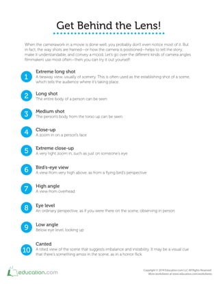 Get Behind the Lens!
When the camerawork in a movie is done well, you probably don't even notice most of it. But
in fact, the way shots are framed—or how the camera is positioned—helps to tell the story,
make it understandable, and convey a mood. Let's go over the diferent kinds of camera angles
ilmmakers use most often—then you can try it out yourself!
Extreme long shot
A faraway view, usually of scenery. This is often used as the establishing shot of a scene,
which tells the audience where it's taking place.
Long shot
The entire body of a person can be seen
Medium shot
The person's body from the torso up can be seen
Close-up
A zoom in on a person's face
1
2
3
4
Bird’s-eye view
A view from very high above, as from a lying bird's perspective
High angle
A view from overhead
Low angle
Below eye level, looking up
Canted
A tilted view of the scene that suggests imbalance and instability. It may be a visual cue
that there's something amiss in the scene, as in a horror lick.
Extreme close-up
A very tight zoom in, such as just on someone's eye
Eye level
An ordinary perspective, as if you were there on the scene, observing in person
5
6
7
8
9
810
 