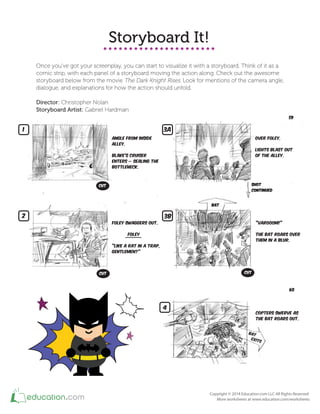 Storyboard It!
Once you've got your screenplay, you can start to visualize it with a storyboard. Think of it as a
comic strip, with each panel of a storyboard moving the action along. Check out the awesome
storyboard below from the movie The Dark Knight Rises. Look for mentions of the camera angle,
dialogue, and explanations for how the action should unfold.
Director: Christopher Nolan
Storyboard Artist: Gabriel Hardman
Angle from inside
alley.
Blake's cruiser
ENTERS – SEALING THE
BOTTLENECK.
FOLEY SWAGGERS OUT.
FOLEY
"LIKE A RAT IN A TRAP,
GENTLEMEN?"
OVER FOLEY.
LIGHTS BLAST OUT
OF THE ALLEY.
"VAROOOM!"
THE BAT ROARS OVER
THEM IN A BLUR.
COPTERS SWERVE AS
THE BAT ROARS OUT.
BAT
EXITS
CUT
CUT CUT
BAT
SHOT
CONTINUED
60
59
1
2
3A
3B
4
 