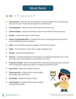 Word Bank
Boom operator – Works the boom microphone, a special microphone on a long pole that's
held over the actors' heads so it won’t get in the way of the shot.
Cinematographer – Reviews the ilm and decides which shots to use.
Costume designer – Designs and plans the costumes and clothes that the actors wear.
Director – Oversees the enire creaive process.
Director of photography (DP) – In charge of the camera, including seing up all the shots
and controlling the camera movements.
Editor – Cuts up the ilm and pieces it together to make a inal product.
Gafer – The set electrician, who's also in charge of lighing on set.
Key grip – Supervises the lighing crew.
Producer – In charge of making the movie happen, including overseeing legal issues, hiring
the creaive team, and funding or raising money for the movie.
Producion assistant – With many responsibiliies, they help the producion team and crew
with everything from organizing scripts to arranging for meals for the staf.
Screenwriter – Writes the script for the movie.
Script supervisor – In charge of the script, including
any changes made to the script.
Set designer – Designs the sets for a movie.
Sound designer – Creates the ilm’s audio, including
musicand sound efects.
TIP:
 