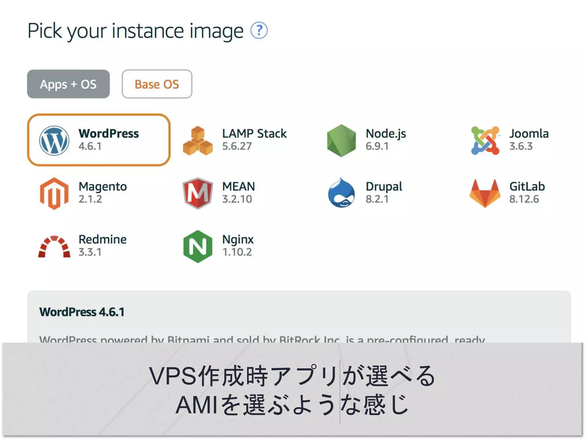 VPS作成時アプリが選べる
AMIを選ぶような感じ
 