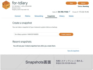 Snapshots画面 気軽にスナップショット取れる。
料金は $0.05/GB-Month
 