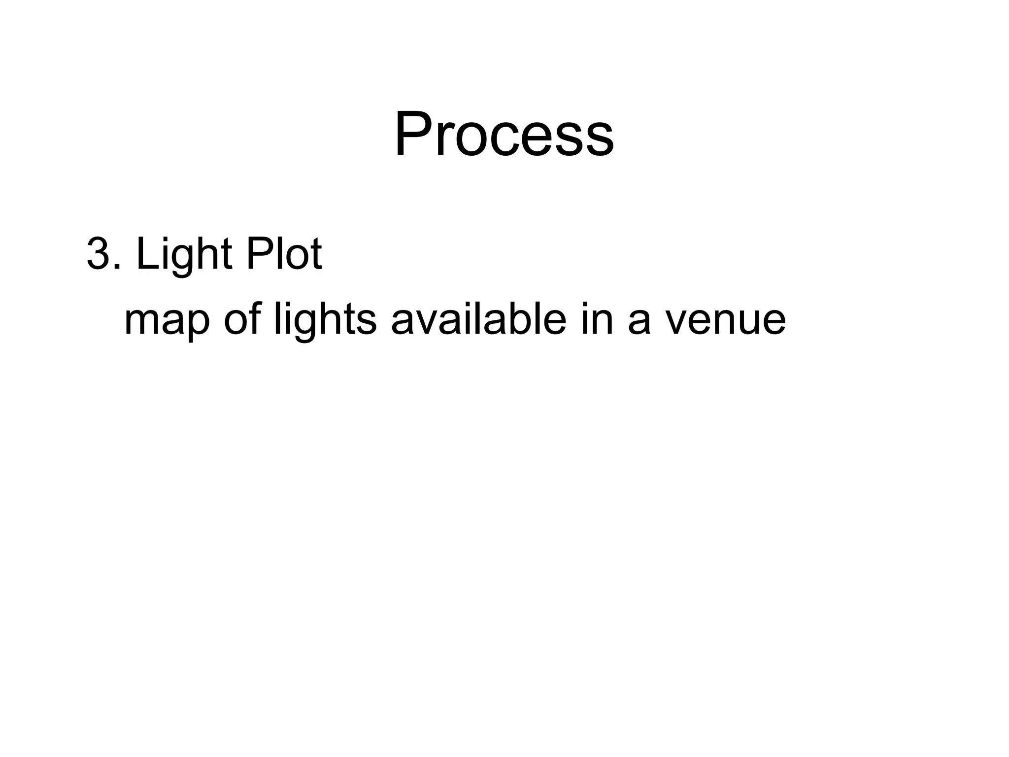 Process
3. Light Plot
map of lights available in a venue
 