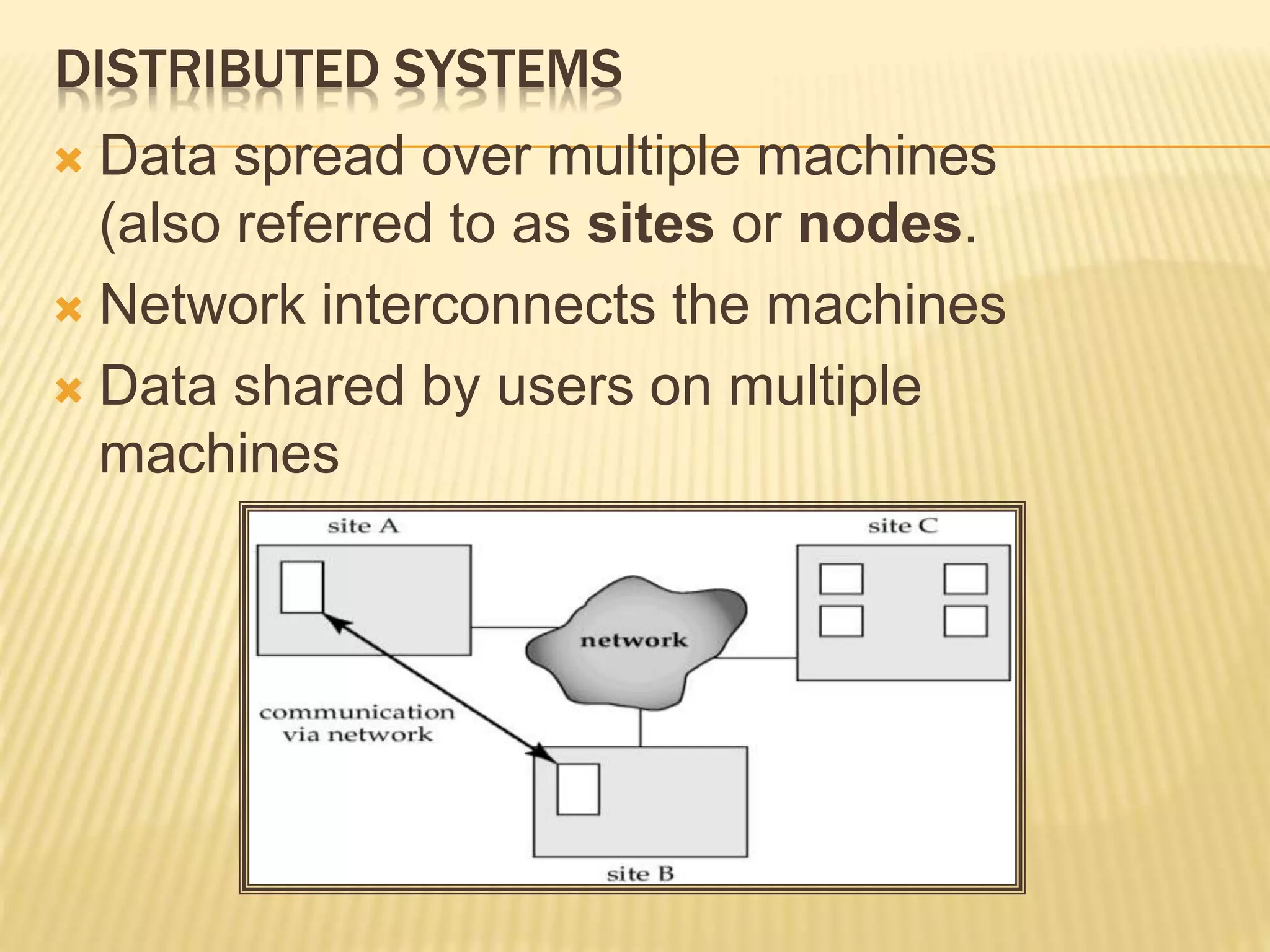 DISTRIBUTED SYSTEMS  Data spread over multiple machines (also referred to as sites or nodes.  Network interconnects the machines  Data shared by users on multiple machines 