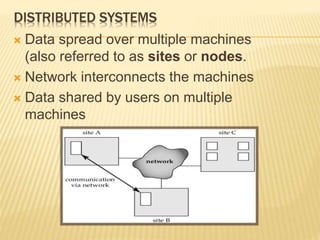 DISTRIBUTED SYSTEMS
 Data spread over multiple machines
(also referred to as sites or nodes.
 Network interconnects the machines
 Data shared by users on multiple
machines
 