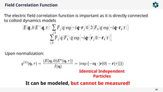 Field Correlation Function
34
Upon normalization:
Identical Independent
Particles
It can be modeled, but cannot be measured!
The electric field correlation function is important as it is directly connected
to colloid dynamics models
∑
𝑗 ,𝑘
𝐹 𝑗 (𝑞)𝐹𝑘
∗
(𝑞)exp{−𝑖𝒒⋅[𝒓 𝑗 (0)−𝒓𝑘 (𝜏)]}
⟨𝐸(𝒒,0)𝐸
∗
(𝒒,𝜏)⟩ ∑
𝑗,𝑘
𝐹𝑗 (𝑞)exp{−𝑖𝒒⋅𝒓 𝑗 (0)}ℑ(𝐹𝑘(𝑞)exp{−𝑖𝒒⋅𝒓𝑘 (𝜏)})
 