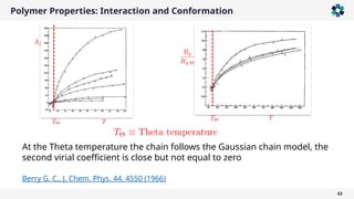 Polymer Properties: Interaction and Conformation
43
At the Theta temperature the chain follows the Gaussian chain model, the
second virial coefficient is close but not equal to zero
Berry G. C., J. Chem. Phys. 44, 4550 (1966)
 