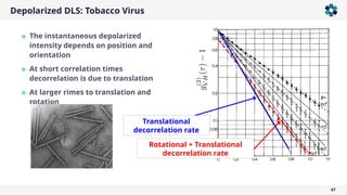 Depolarized DLS: Tobacco Virus
47
Rotational + Translational
decorrelation rate
Translational
decorrelation rate
» The instantaneous depolarized
intensity depends on position and
orientation
» At short correlation times
decorrelation is due to translation
» At larger rimes to translation and
rotation
 