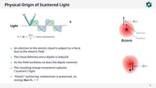 Physical Origin of Scattered Light
7
» An electron in the atomic cloud is subject to a force
due to the electric field
» The cloud deforms and a dipole is induced
» As the field oscillates so does the dipole moment
» The resulting charge movement radiates
(“scatters”) light
» “Elastic” scattering: momentum is preserved, no
energy loss ⇒
+
–
Light
 