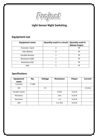 Light Sensor Night Switching


Equipment List
        Equipment name               Quantity used in a circuit Quantity used in
                                                                Whole Project
            Transistor (npn)                    2                         60

              LEDs (White)                      2                         60

            Variable Resistor                   1                         30

            Resistance (10K)                    1                         30

            Resistance (1K)                     1                         30
                    LDR                         1                         30



Specifications
 Equipment                No.      Voltage     Resistance        Power         Current
   name
   Transistor             C 1383

      LED                            3V                                        15 (mA)

Variable resistor                                    0-20 K      0.25 W

  Resistance                                          10 K       0.25 W

  Resistance                                          1K         0.25 W
      LDR                                           4 K -20 k    0.25 W
 