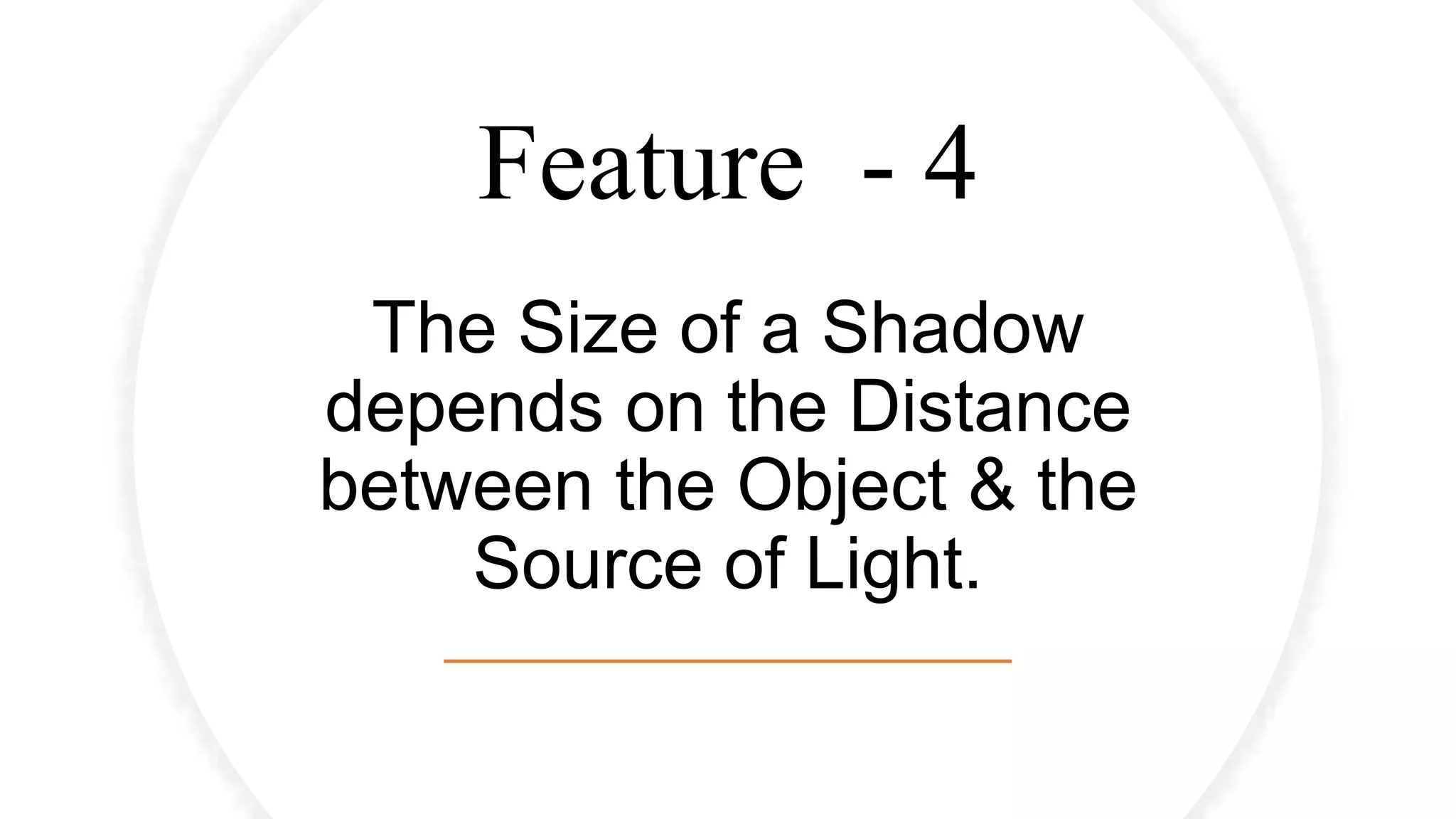 Feature - 4
The Size of a Shadow
depends on the Distance
between the Object & the
Source of Light.
 