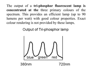 The output of a tri-phosphor fluorescent lamp is
concentrated at the three primary colours of the
spectrum. This provides an efficient lamp (up to 90
lumens per watt) with good colour properties. Exact
colour rendering is not provided by these lamps.
 