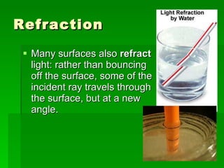 Refraction Many surfaces also  refract  light: rather than bouncing off the surface, some of the incident ray travels through the surface, but at a new angle.  