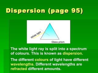 Dispersion (page 95) The white light ray is split into a spectrum of colours. This is known as  dispersion . The different  colours  of light have different  wavelengths . Different wavelengths are  refracted  different amounts. White light Glass prism 