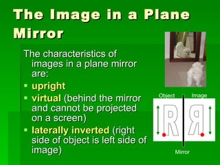 The Image in a Plane Mirror The characteristics of images in a plane mirror are: upright  virtual  (behind the mirror and cannot be projected on a screen)   laterally inverted  (right side of object is left side of image)  R R Object Image Mirror 