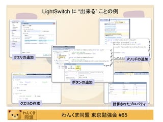 LightSwitch に “出来る” ことの例




クエリの追加
                                     メソッドの追加




                   ボタンの追加




 クエリの作成                         計算されたプロパティ


                わんくま同盟 東京勉強会 #65
 