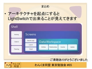 まとめ

• アーキテクチャを起点にすると
  LightSwitchで出来ることが見えてきます




                   ご清聴ありがとうございました
          わんくま同盟 東京勉強会 #65
 