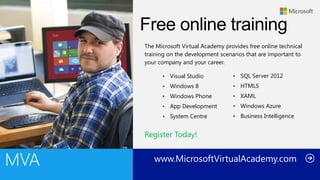The Microsoft Virtual Academy provides free online technical
training on the development scenarios that are important to
your company and your career.
•

Visual Studio

•

SQL Server 2012

•

Windows 8

•

HTML5

•

Windows Phone

•

XAML

•

App Development

•

Windows Azure

•

System Centre

•

Business Intelligence

Register Today!

www.MicrosoftVirtualAcademy.com

 