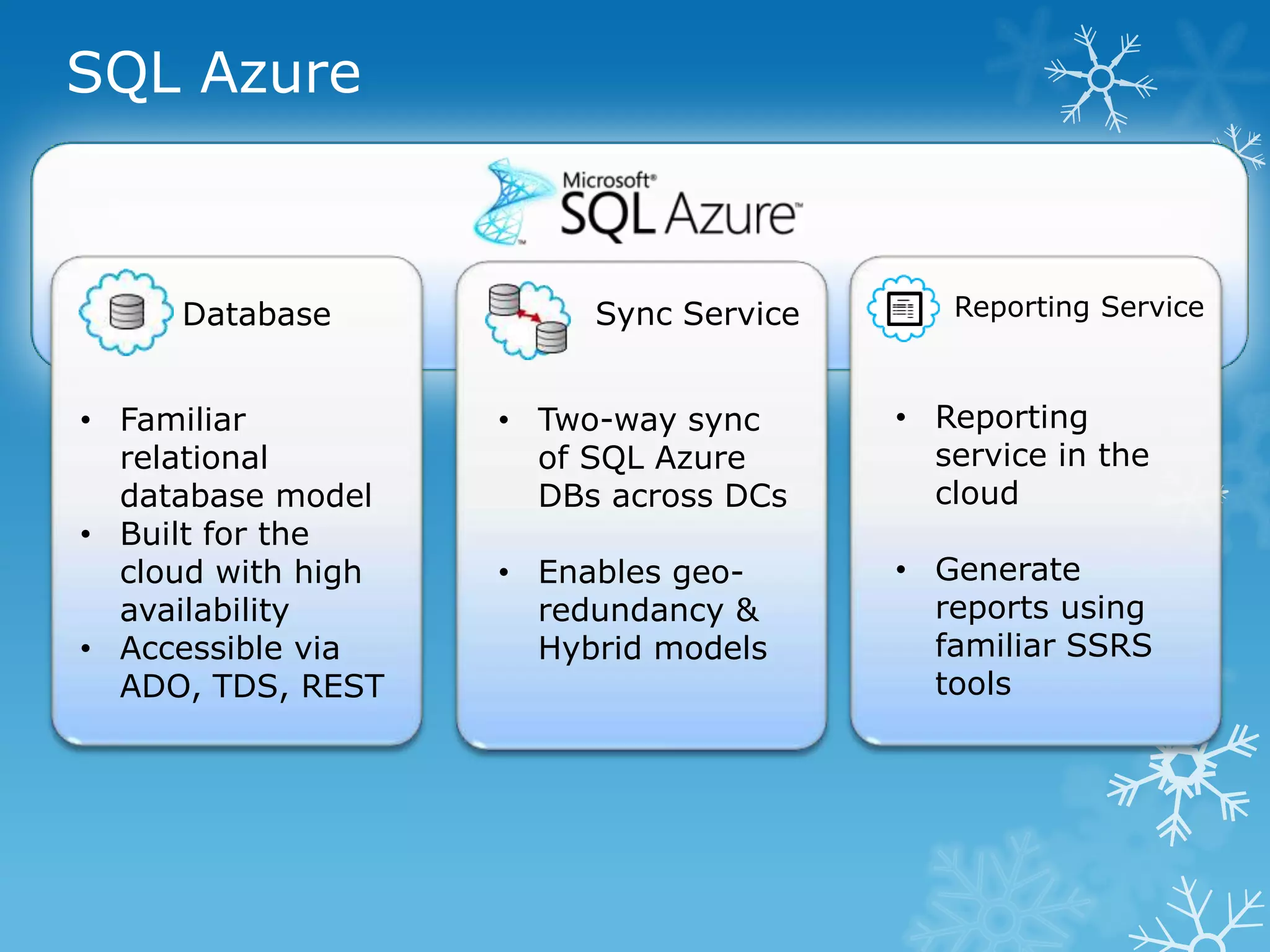 SQL Azure




• Familiar          • Two-way sync     • Reporting
  relational          of SQL Azure       service in the
  database model      DBs across DCs     cloud
• Built for the
  cloud with high   • Enables geo-     • Generate
  availability        redundancy &       reports using
• Accessible via      Hybrid models      familiar SSRS
  ADO, TDS, REST                         tools
 