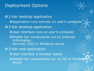 Deployment Options

 2-tier desktop application
  Application runs entirely on user’s computer
 3-tier desktop application
  User interface runs on user’s computer
  Middle-tier components run on Internet
   Information
   Services (IIS) or Windows Azure
 3-tier web application
  User interface is browser based
  Middle-tier components run on IIS or Windows
   Azure
 