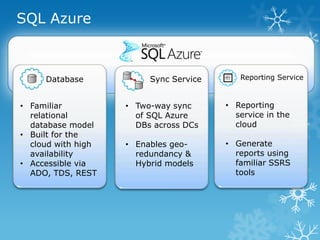 SQL Azure




• Familiar          • Two-way sync     • Reporting
  relational          of SQL Azure       service in the
  database model      DBs across DCs     cloud
• Built for the
  cloud with high   • Enables geo-     • Generate
  availability        redundancy &       reports using
• Accessible via      Hybrid models      familiar SSRS
  ADO, TDS, REST                         tools
 