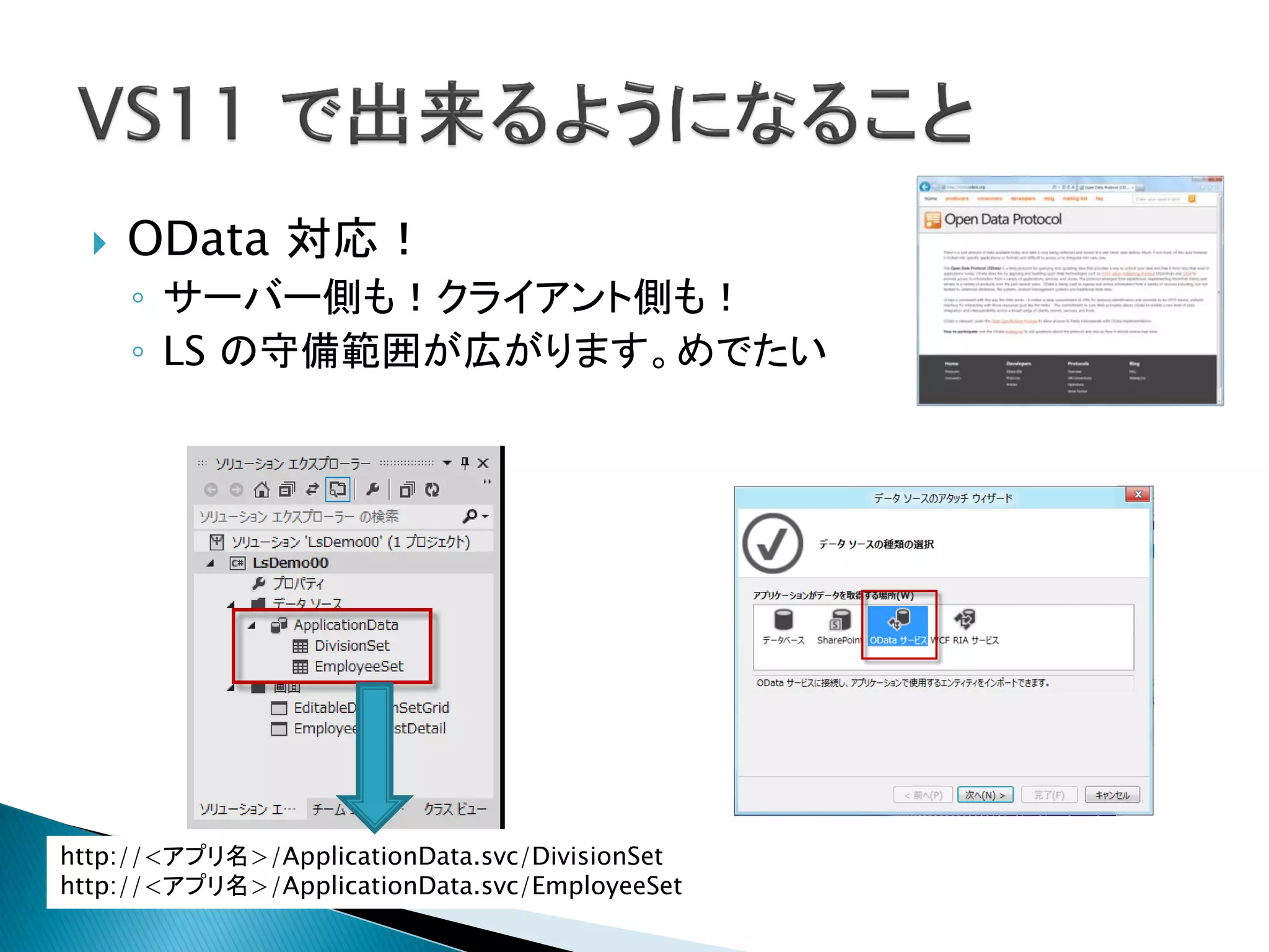    OData 対応！
      ◦ サーバー側も！クライアント側も！
      ◦ LS の守備範囲が広がります。めでたい




http://<アプリ名>/ApplicationData.svc/DivisionSet
http://<アプリ名>/ApplicationData.svc/EmployeeSet
 