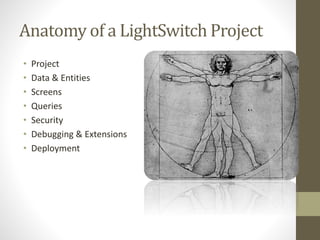 Anatomy of a LightSwitch Project
• Project
• Data & Entities
• Screens
• Queries
• Security
• Debugging & Extensions
• Deployment
 