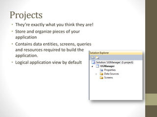 Projects
• They’re exactly what you think they are!
• Store and organize pieces of your
application
• Contains data entities, screens, queries
and resources required to build the
application.
• Logical application view by default
 