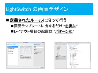 LightSwitch の画面デザイン
定義されたルールに沿って行う
 画面テンプレートに出来るだけ “忠実に”
 レイアウト項目の配置は “パターン化”
 