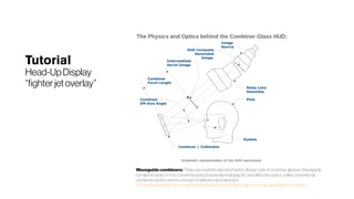 Tutorial
Head-UpDisplay
“fighterjetoverlay”
Waveguidecombiners:These are sophisticated and hard to design type of combiner glasses. Waveguide
combiners work on non-conventional techniques like holographic and diffractive optics, unlike conventional
combiners which use the concept of reflection and refraction.
https://www.embitel.com/blog/embedded-blog/how-combiner-glass-in-head-up-display-hud-works
 