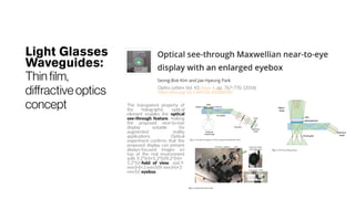 Light Glasses
Waveguides:
Thin film,
diffractiveoptics
concept
Optics Letters Vol. 43, Issue 4, pp. 767-770. (2018)
https://doi.org/10.1364/OL.43.000767
The transparent property of
the holographic optical
element enables the optical
see-through feature, making
the proposed near-to-eye
display suitable for
augmented reality
applications. Optical
experiment confirms that the
proposed display can present
always-focused images on
top of the real environment
with 9.2°(H)×5.2°(V)9.2°(H)×
5.2°(V) field of view, and 9  
mm (H)×3  mm (V)9  mm (H)×3  
mm (V) eyebox.
 