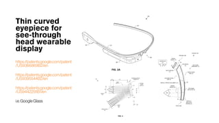 Thin curved
eyepiece for
see-through
head wearable
display
https://patents.google.com/patent
/US9366869B2/en
https://patents.google.com/patent
/US9395544B2/en
https://patents.google.com/patent
/US9442291B1/en
i.e. Google Glass
 