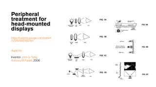 Peripheral
treatment for
head-mounted
displays
https://patents.google.com/patent
/US8212859B2/en
Apple Inc
Inventor: JohnG. Tang,
Anthony M. Fadell , 2006
 
 
 
 