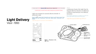 Light Delivery
Visor-1993
https://doi.org/10.1016/0165-1781(93)90005-2
http://doi.org/10.1038/npp.1993.17
The light was
delivered by a light
visor developed
collaboratively by
investigators at the
National Institute of
Mental Health and
at Jefferson
Medical College,
and was
manufactured and
supplied by Bio-
Brite, Inc.
(Bethesda, MD).
 