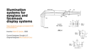 Illumination
systems for
eyeglass and
facemask
display systems
https://patents.google.com/patent/US
6724354B1/en
Inventor: Mark B. Spitzer , 1999
CurrentAssignee: Google LLC 
Original Assignee:MicroOptical Corp
 
 
 
 