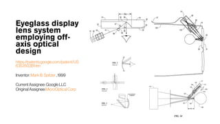Eyeglass display
lens system
employing off-
axis optical
design
https://patents.google.com/patent/US
6353503B1/en
Inventor: Mark B. Spitzer , 1999
CurrentAssignee: Google LLC 
Original Assignee:MicroOptical Corp
 
 
 
 